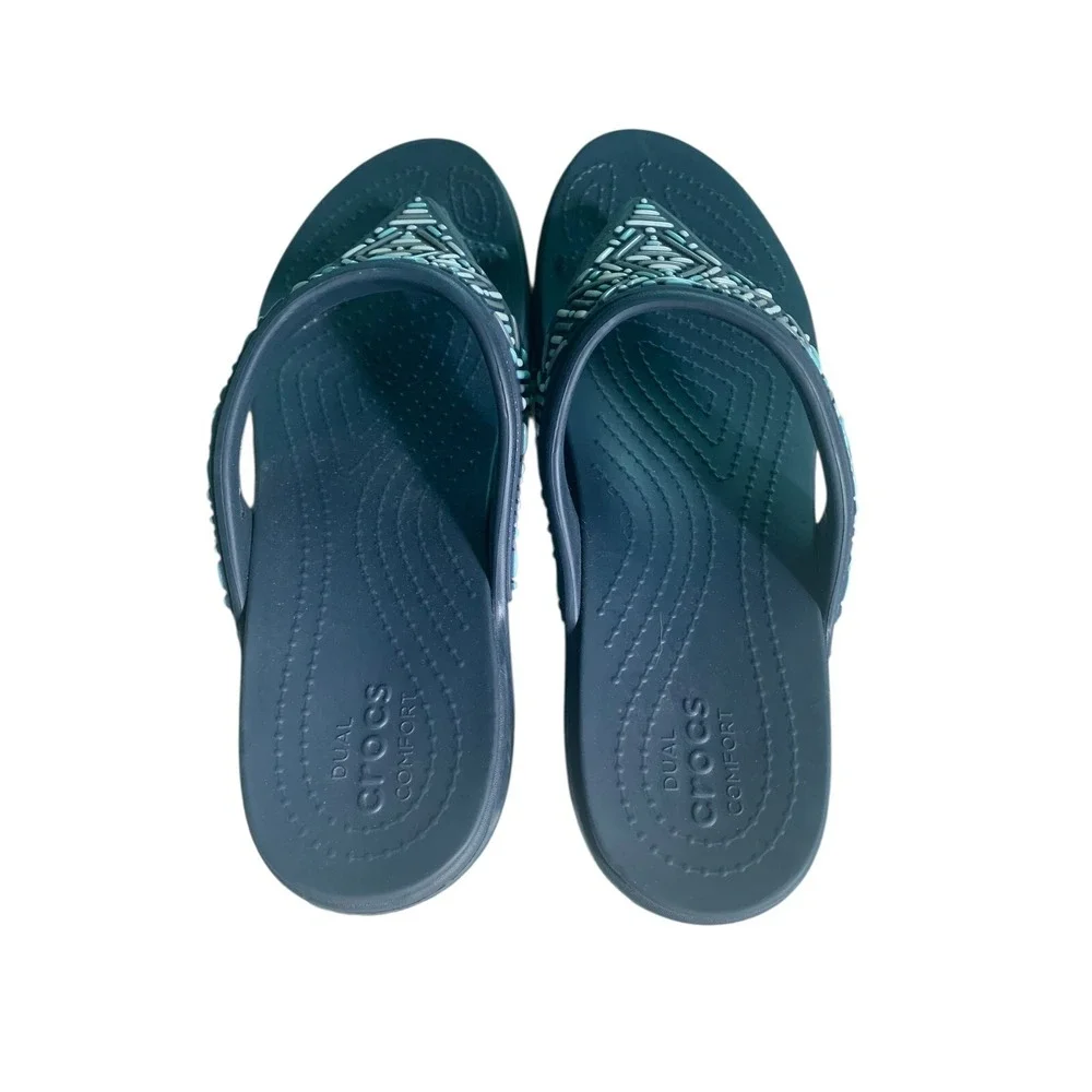Crocs Wedge‎ Sandals Womens 11 Blue Monterey Diamante Flip Flops Thong Beaded
